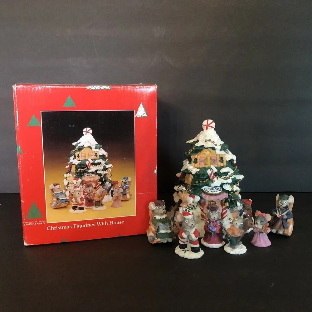A Birthday to Cherish Christmas Figurines with Tree Mice Holiday Box Resin